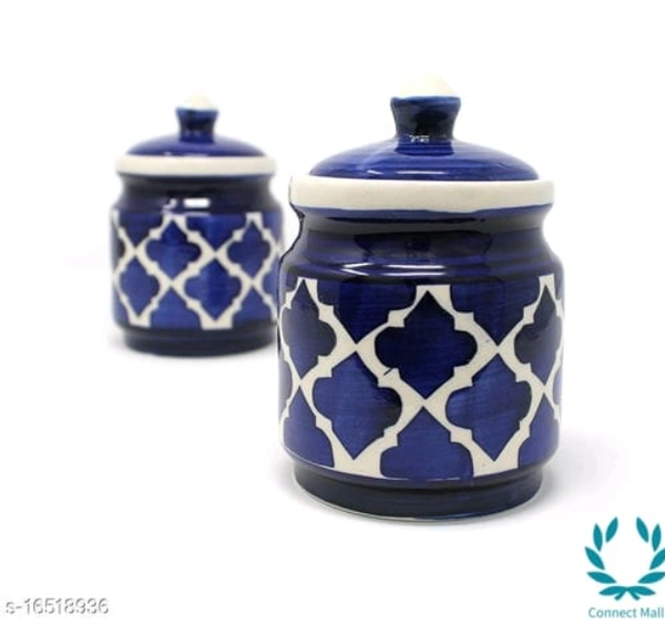 Handcrafted Morrocon Ceramic Achar Pickle Jar/Barni with Lid - Blue, Ceramic